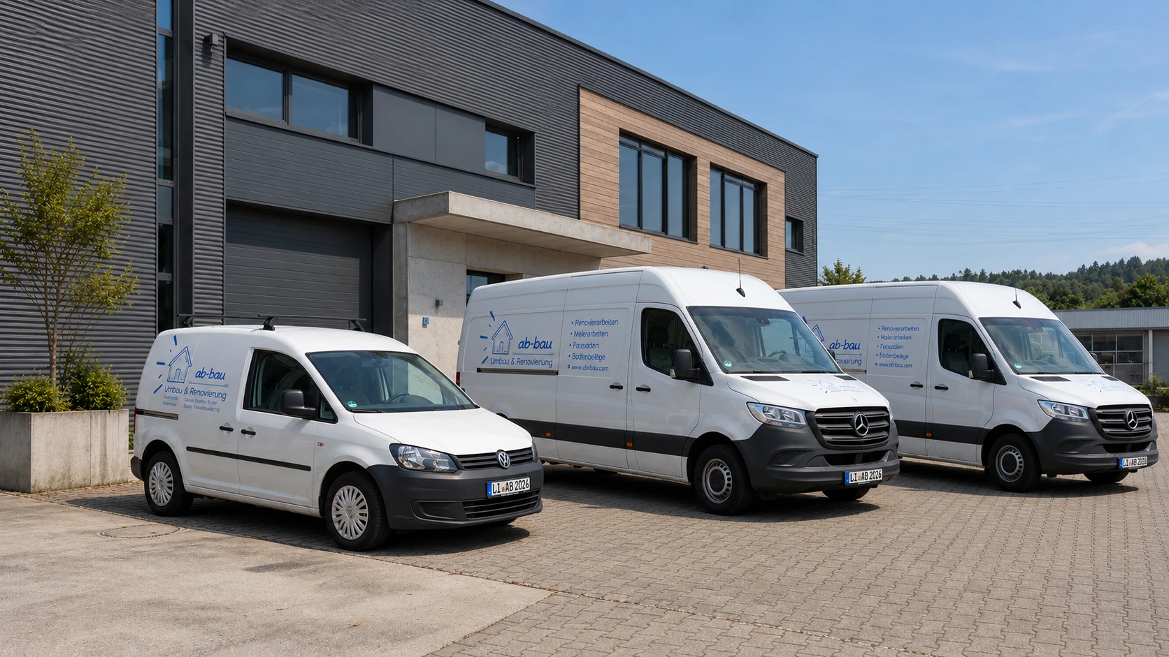 AB Bau Fahrzeugflotte mit zwei Mercedes-Benz Sprintern und einem Volkswagen Caddy
