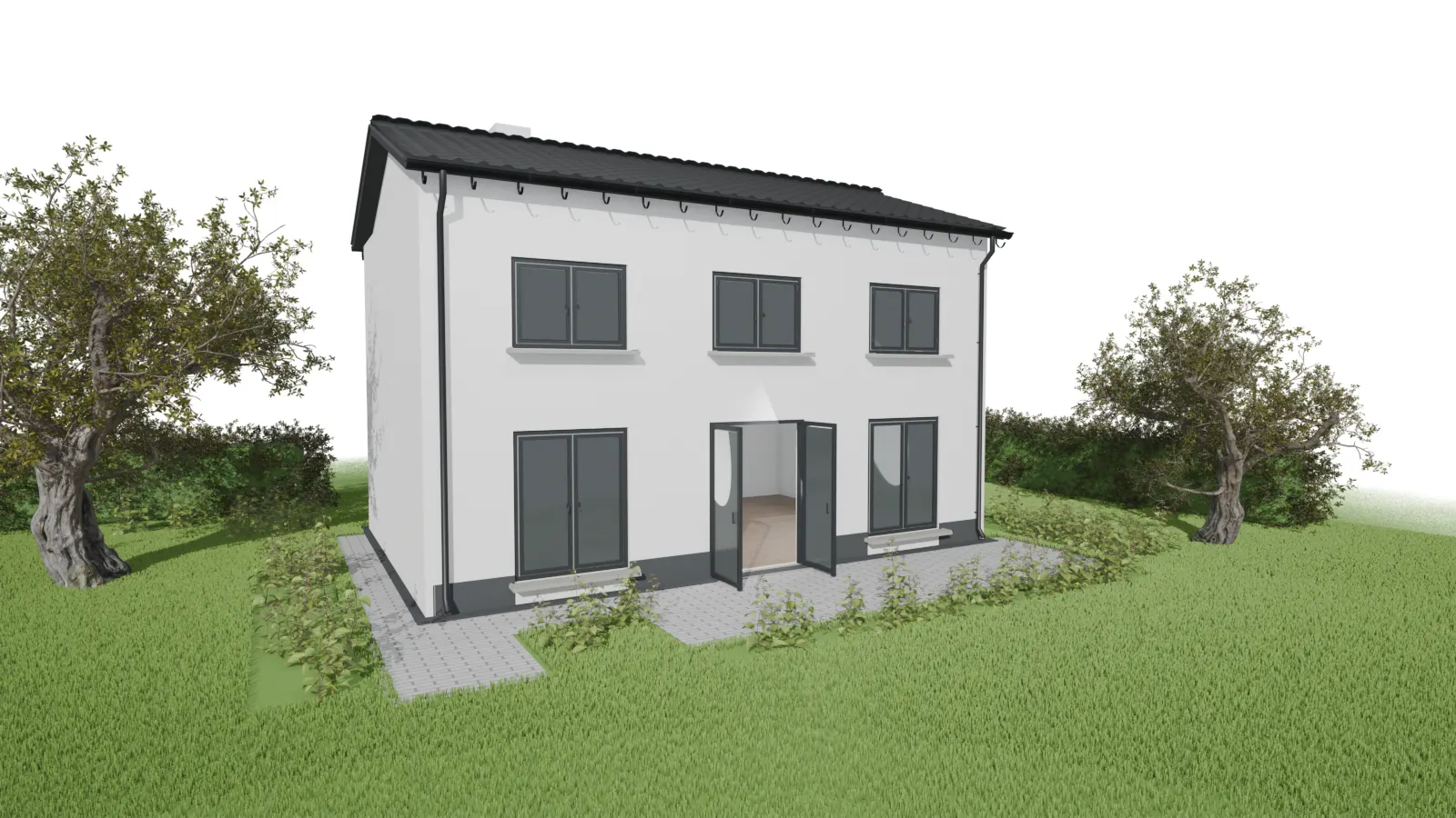 Illustration: fertig sanierte Fassade eines Demonstrationsgebäudes auf Zeichenpapier
